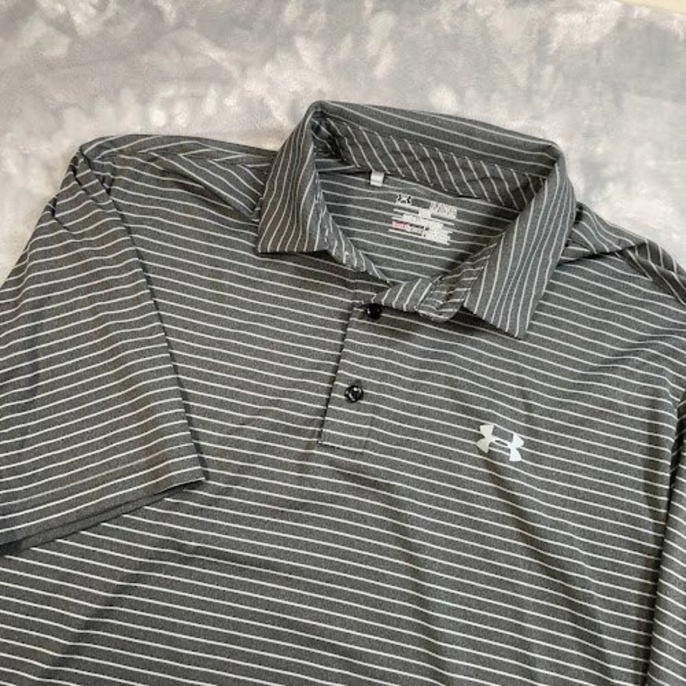 Under Armour Polo Shirt Mens XL Striped Gray White HeatGear Loose Fit - Picture 1 of 8